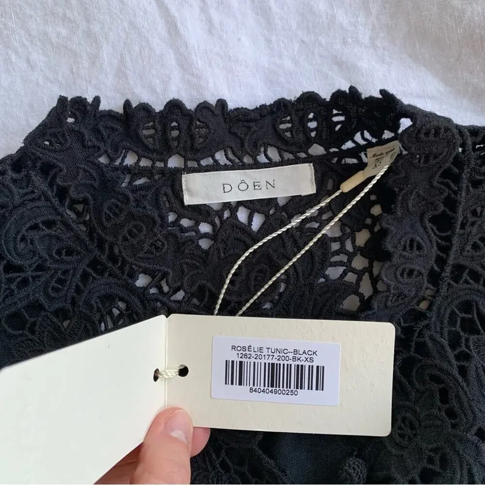 NWT Doen Roselie Linen Lace Crochet Collar 3/4 Sleeve Tunic Mini Dress Black - Picture 12 of 16